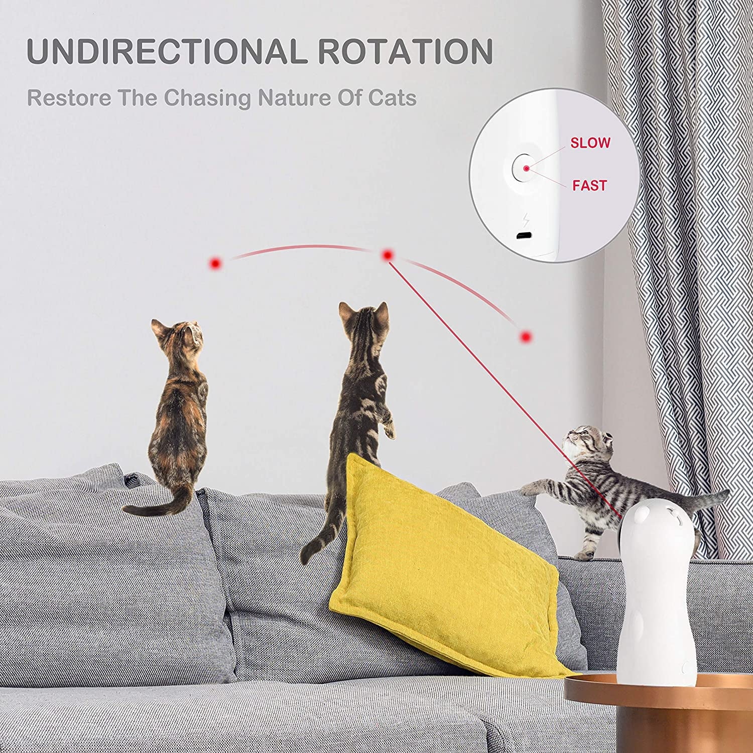 Automatic Cat Laser Toy, Interactive Pet Laser Toys for Indoor Cats and Kittens, 5 Random Patterns, USB Charging or Battery Powered, Random Rotating Light Pet Toy